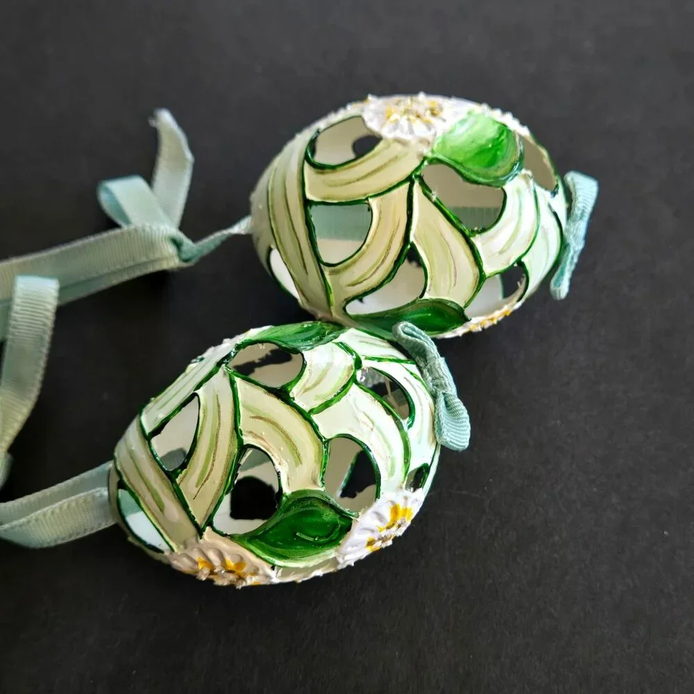 Handcrafted Floral Decorated Open Work Real Eggs Delicate Easter Egg Set of 2 - Picture 2 of 8